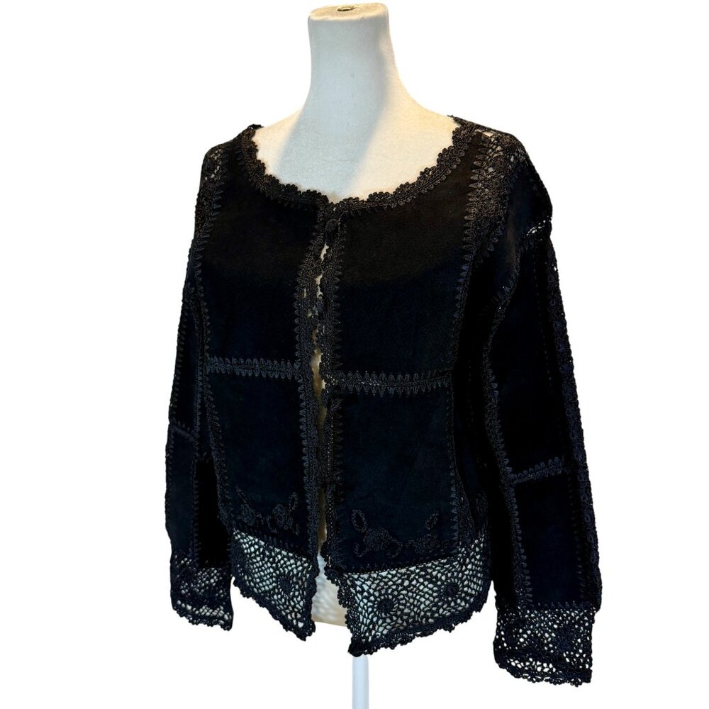 Boho Black Suede & Crochet Trim Jacket
